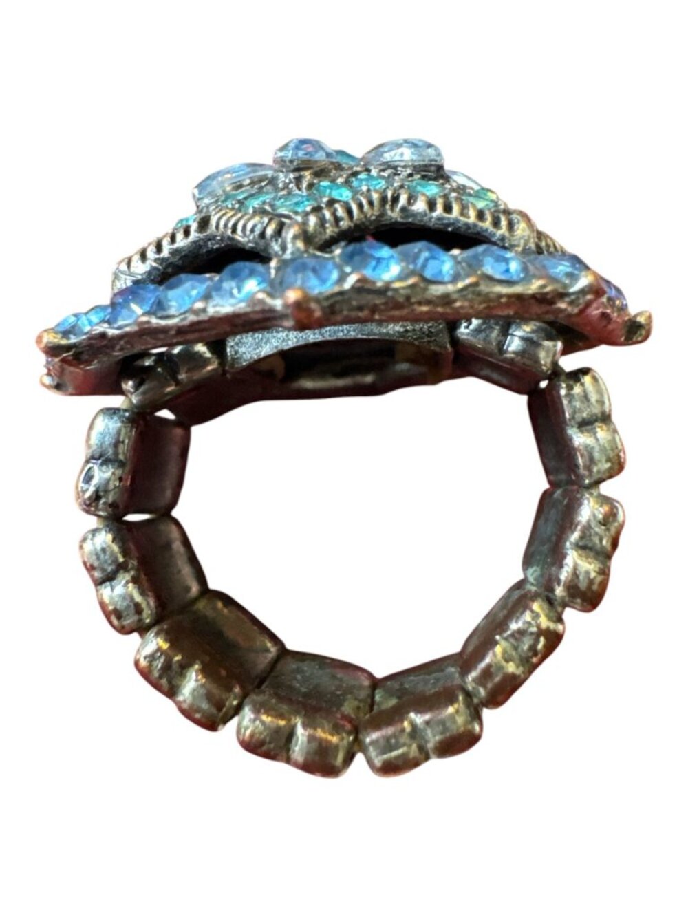 Vintage Adjustable Gold-Tone Ring With Blue & Green Rhinestones Floral Design